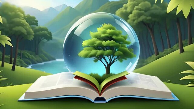 book with tree and globe science book isolated on nature