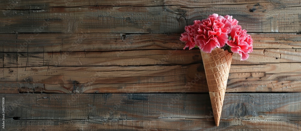 Aufkleber Carnation flower in a waffle cone set against a rustic wooden backdrop with empty space for text or design perfect for a copy space image