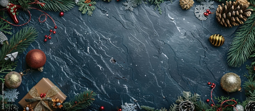 Poster top down view of a festive scene featuring dark blue hues fir branches christmas decorations and toy