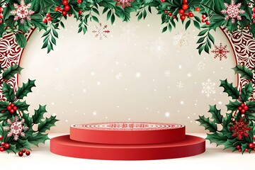 Festive Christmas Background with Red Podium, Holly Leaves, Berries, and Snowflakes for Holiday Celebrations