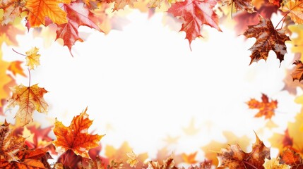 Obraz premium Autumn-themed image with vibrant maple leaves scattered on a white background, perfect for seasonal and nature-related designs.