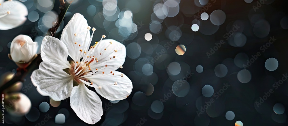 Poster Selective focus on a large white prunus blossom with a dark bokeh background in a copy space image