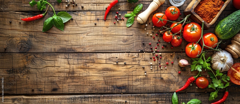 Aufkleber cooking products veggies and spices on a wooden plank with copy space image for text on a food backg