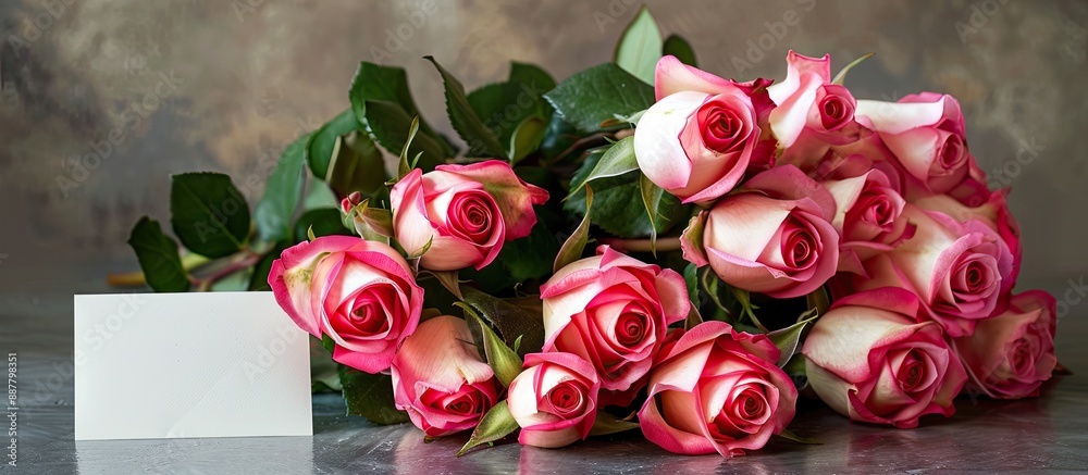 Poster a bouquet of roses arranged with a love note on a small card against a blank background for copy spa