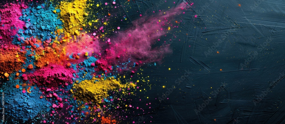 Poster Top view of colorful powder dyes against a dark background perfect for adding text in the copy space image capturing the essence of the Holi festival