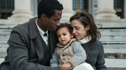Obraz premium a mixed-race family adoption day, courthouse steps, emotion evident