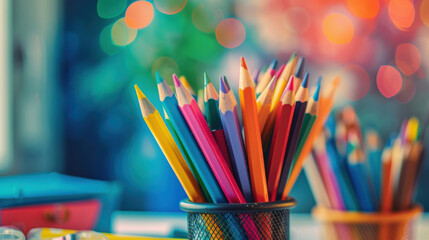 A collection of colorful pencils standing in a holder, set against a dreamy bokeh background, evoking creativity and art.