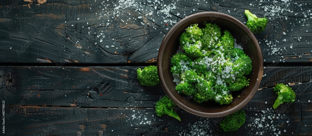 Aufkleber an aerial view of a bowl of sea salt topped green broccoli on a dark rustic wooden surface providing