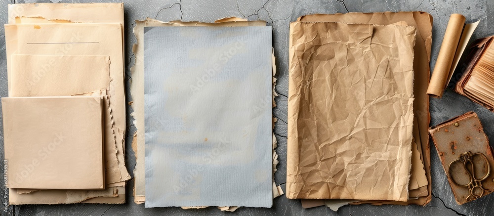 Poster Vintage stationery set displayed on a gray paper background with empty copy space image