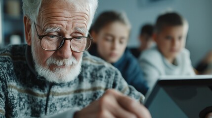 a senior citizen teaching technology to youth, intergenerational connection