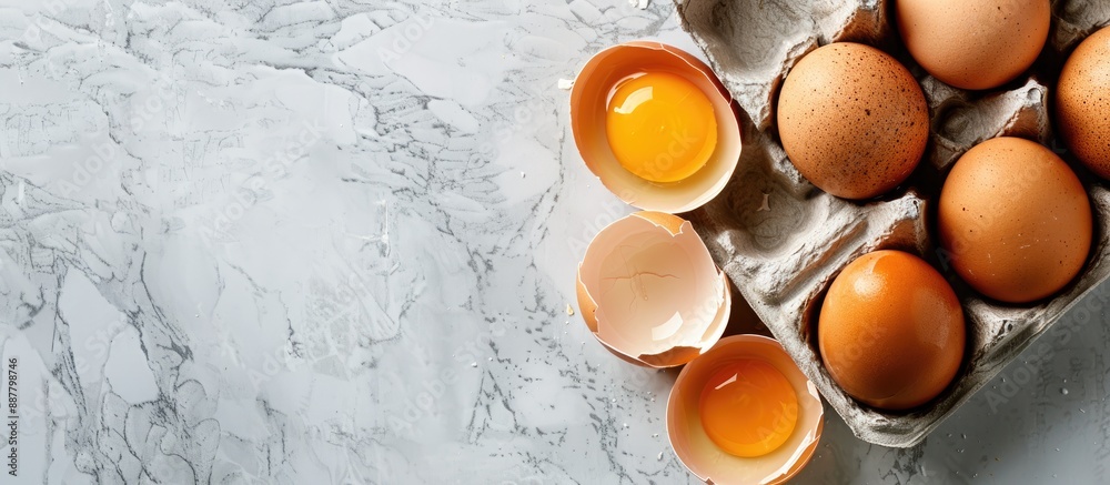 Leinwandbilder top view of raw broken egg and hen eggs in an egg carton with copy space image