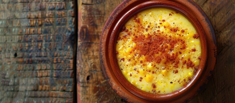A typical Brazilian dessert called curau a sweet cream of corn with cinnamon presented in a ceramic bowl on a wooden table depicted in a top view close up copy space image