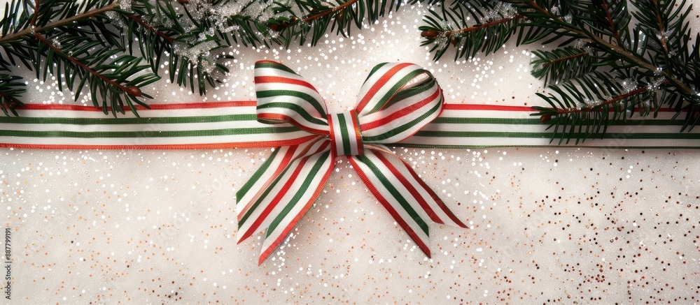 Poster Festive silk ribbon with white red and green stripes in a bow atop snowy glitter backdrop with fir tree branch Ideal for Christmas messages with copy space image