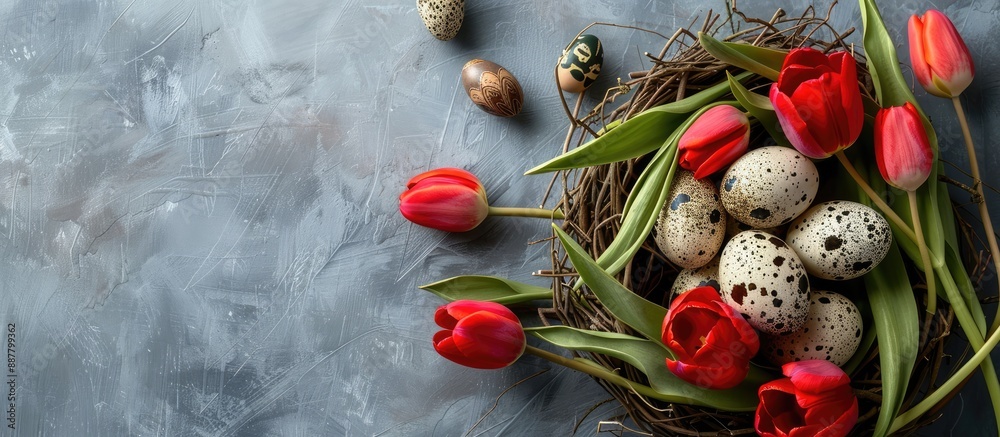 Poster Spring and Easter themed composition featuring lovely red tulips vibrant quail eggs in a nest on a soft gray background ideal for a copy space image