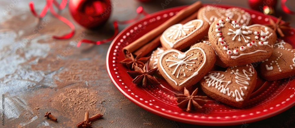 Leinwandbilder heart shaped gingerbread cookies with cinnamon sticks and anise stars arranged on a red plate creati