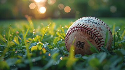 Baseball close-up on a grassy field, texture and detail