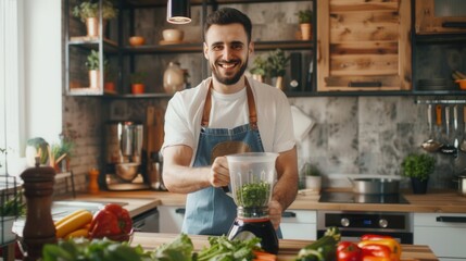 A male is making a healthy smoothie drink with a blender mixer in kitchen
