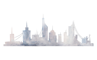 Obraz premium Watercolor city silhouette on sunrise in blue grey and pink colors illustration isolated on white. Monochrome horizon metropolis of Dubai, New York or Los Angeles. Panoramic cityscape with skyscrapers