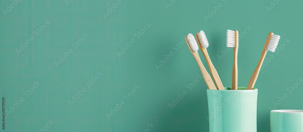 Poster Toothbrushes and holder placed on a green background welcoming text with a copy space image available for customization