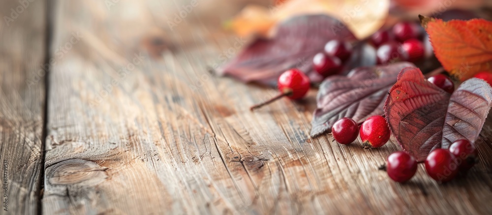 Aufkleber vivid cherry leaves and forest berries displayed on a wooden table with copy space image