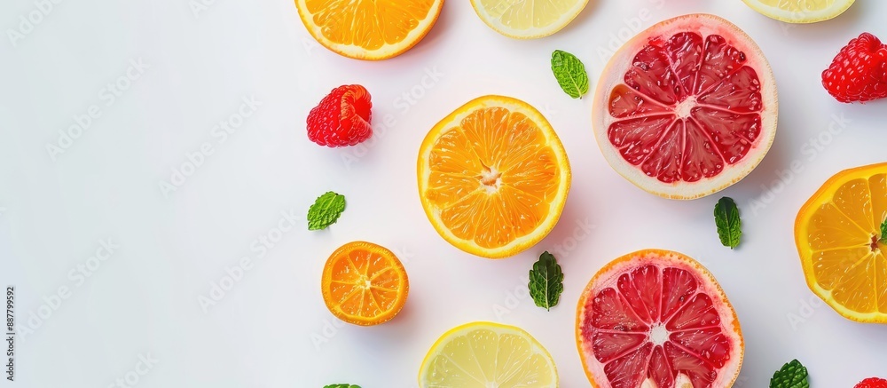 Poster A colorful composition on a white background for a flat lay view with close up details and ample copy space image