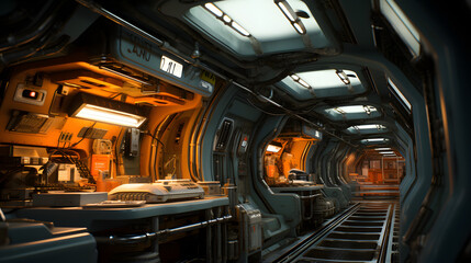 A long, dimly lit spaceship corridor with retro-futuristic orange and grey workstations and equipment lining the walls. A track for moving equipment runs down the center of the corridor.