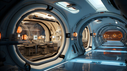 This futuristic laboratory has round corridors and is decorated in white and blue. There are bright lamps above each table. An X-ray machine and medical equipment can be seen in the lab.
