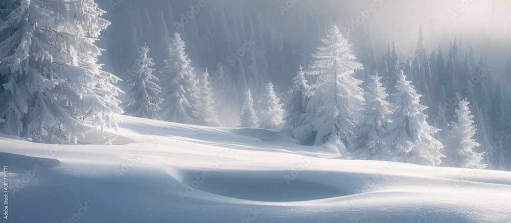 Poster in the dim light snowy spruce trees with copy space image for new year s glisten surrounded by soft 
