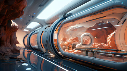 A rendering of a futuristic space station with orange accents built into a series of natural rock formations on an alien planet.