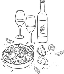 Hand drawn plate with mussels and wine. Simple food illustration