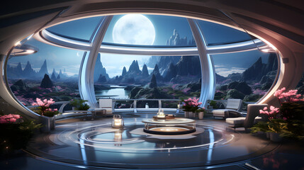 A luxurious and futuristic lounge area inside a spaceship or space station with a panoramic view of an alien planet's moon, mountains, and water.