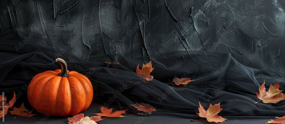 Fototapete halloween themed composition featuring a pumpkin set against a black tulle backdrop with maple leave