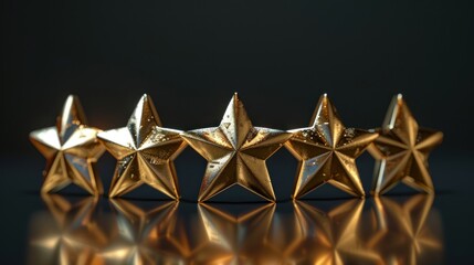 Five shiny gold stars aligned in a row, representing a perfect rating for customer satisfaction and best quality service. The stars are glossy and eye-catching, emphasizing their role in customer