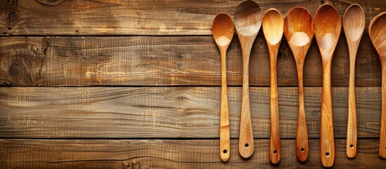 Cooking spoons displayed against a wooden backdrop with copy space image available
