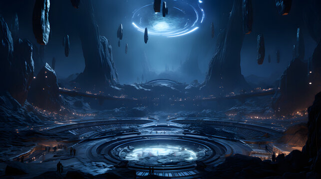 A futuristic alien city with bright blue lights built in a crater. Large monolithic rocks float above and a glowing portal pulsates in the distance. - Powered by Adobe