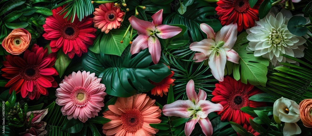 Poster close up of rose lily and chrysanthemum flower arrangements against lush greenery backdrop ideal for