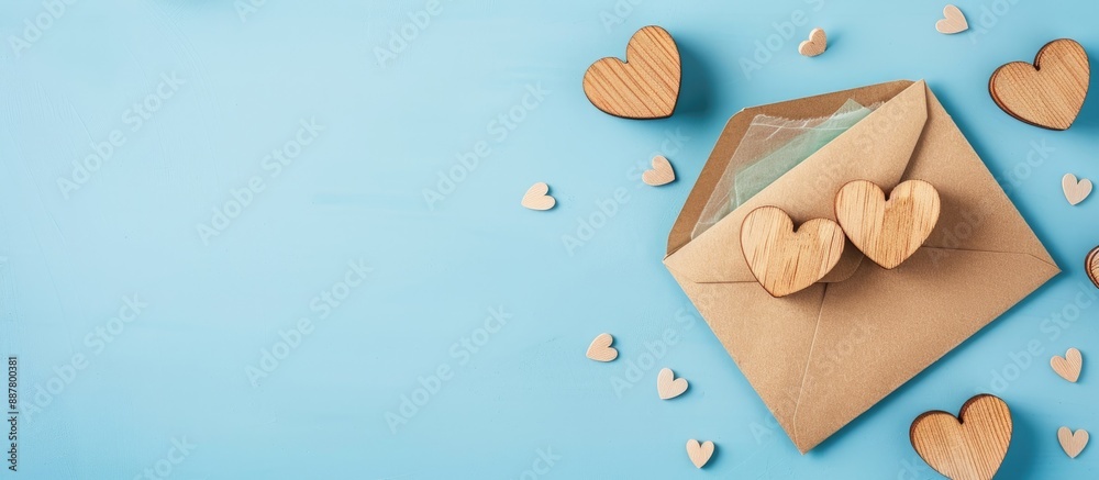 Aufkleber a romantic concept portrayed with an envelope and wooden hearts set against a blue background creati