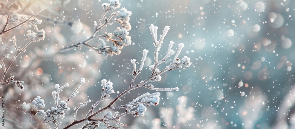 Poster Snow covered branches adorned with hoarfrost create a serene winter scene with gentle snowflakes falling on a blurred background perfect as a winter themed copy space image