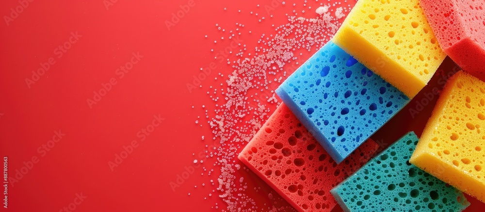 Aufkleber Colorful sponges on a red backdrop with a copy space image for a cleanup day featuring a sponge cleaning kit for housework housekeeping and household chores