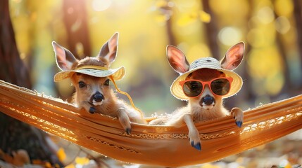 Two cute little baby deer wearing sunglasses and sun hats lounging in a hammock. AI generated illustration