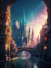 Obraz premium Magic fantasy castle. Fairy tale fantasy town landscape. Magical world.