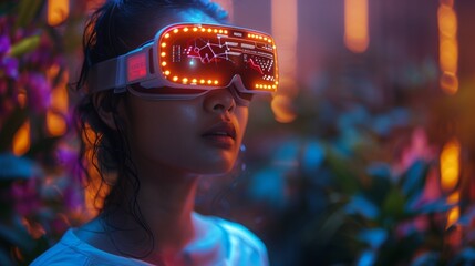 A woman wearing a virtual reality headset with a biosensor display in a brightly lit environment.