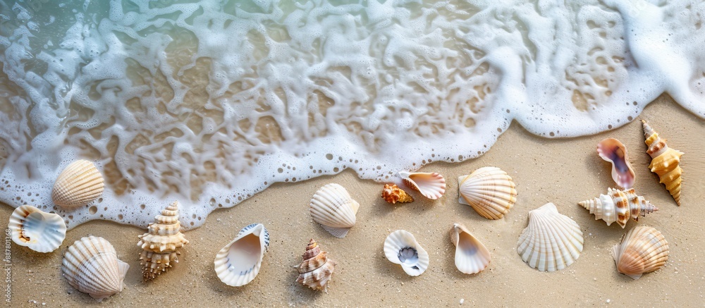 Aufkleber Sandy beach adorned with seashells creating a picturesque summer scene with a copy space image