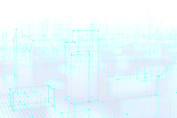 Blue wireframe png 3D buildings, transparent background
