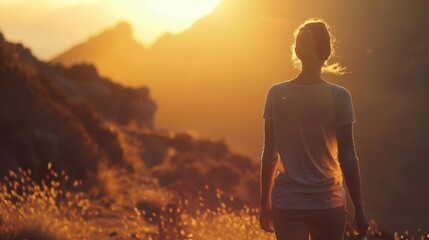 Obraz premium A woman stands on a mountain trail, bathed in the warm glow of the setting sun, appreciating the serene landscape.