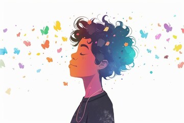 Profile of Woman with Butterflies Digital Illustration Dreamy and Whimsical Bright and Colorful