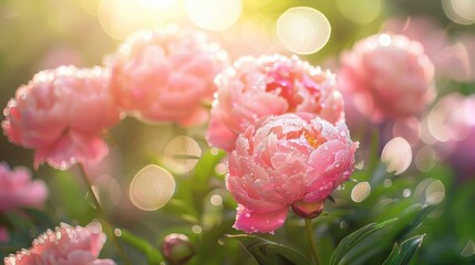 Fototapeta premium Close-up of pink peonies covered in dew with bokeh background, captured in warm sunlight creating a dreamy effect.