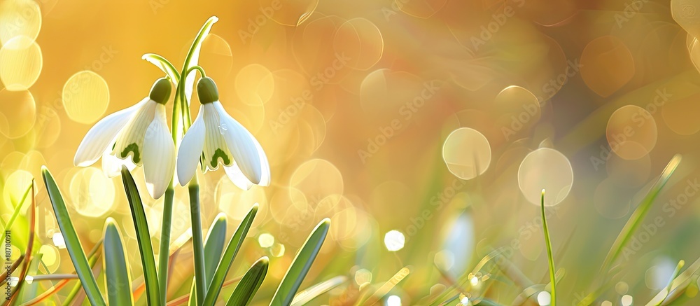 Poster a lovely day on the meadow showing two white snowdrop flowers set against a beautiful blurred backgr