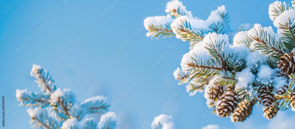 Poster snow covered pine branch against blue sky background perfect for card designs with available copy sp