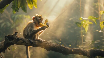 Cute monkey eating banana fruit in forest